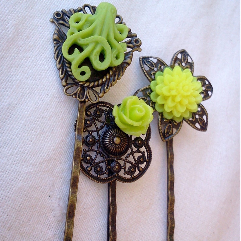 Octopus Bobby Pin Set-Set of 3-Antique Brass-Kraken Hair Pins-Lime Green Hair Slides-Fashion Accessory-Neon Floral-Cephalopod Fans-Teen Gift image 5