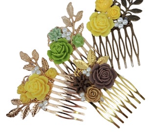 Yellow Green Brown Rose Cluster Hair Comb Prom Hair Accessory Bird Fascinator Bridal Hair Wear Offbeat Bride Simple Chic Accessory Regency