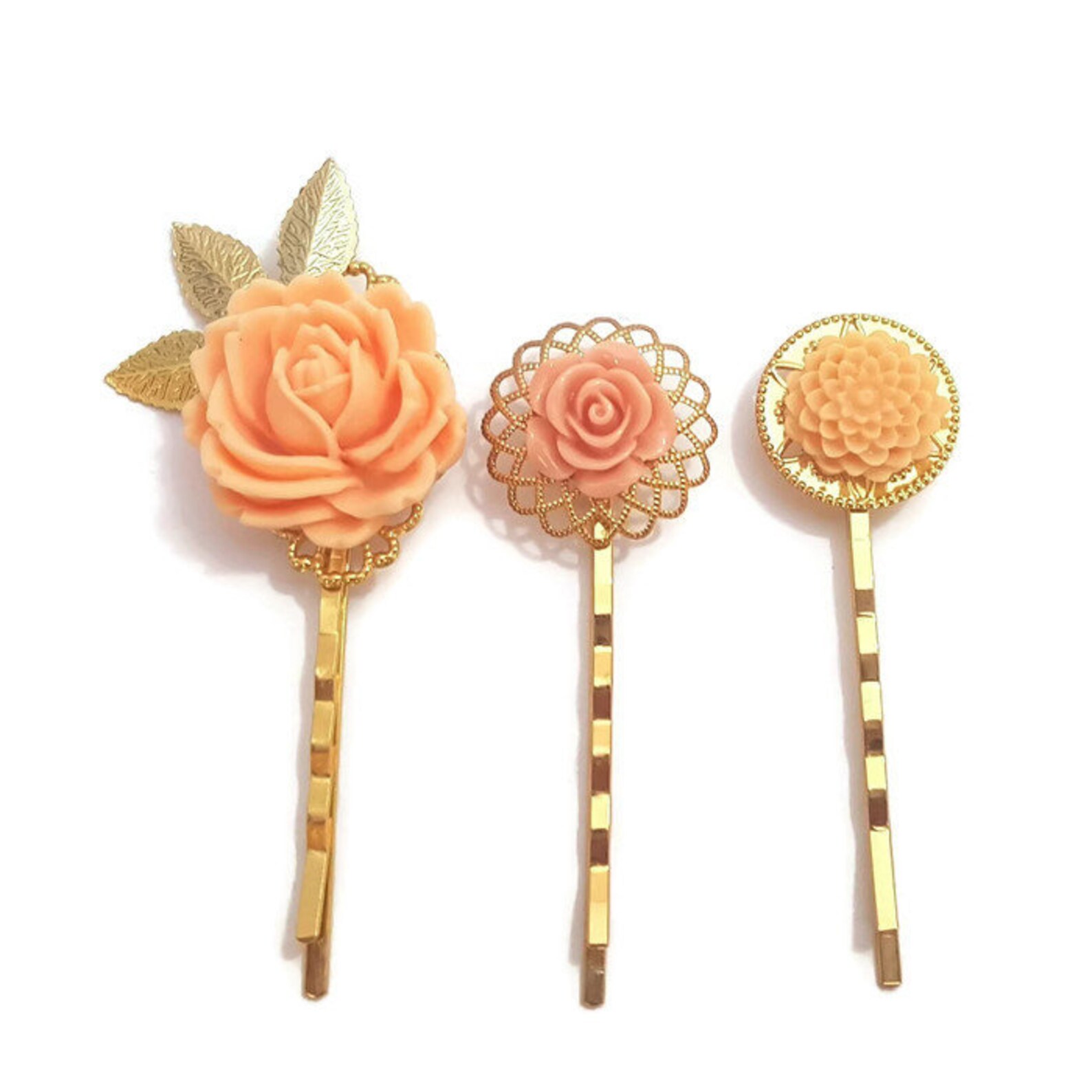 Peach Hair Pins Flower Bobby Pinsset of 3bridesmaid Etsy