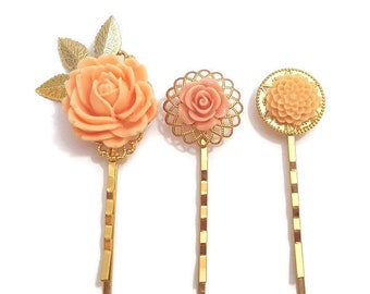 Peach Hair Pins- Flower Bobby Pins-Set of 3-Bridesmaid Gift-Gold Hair Clip-Gold Hair Pin-Rose Hair Comb-Flower Hair Pins-Floral Bobby Pins