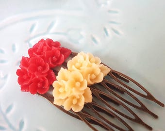 Red Cream Antique Brass Flower Hair Combs- Simple Wedding-Victorian Hair-Regency Style-Sweet Accessory-Gifts Under 10-Wedding Party-Bridal