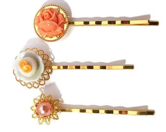 Cupcake Hair Pins-Set of 3-Orange Bobby Pin-Dessert Hair Pins-Sweet Bobby Pins-Pearl Bobby Pin-Wedding Hair Slides-Gold Clip-Bridesmaid Gift