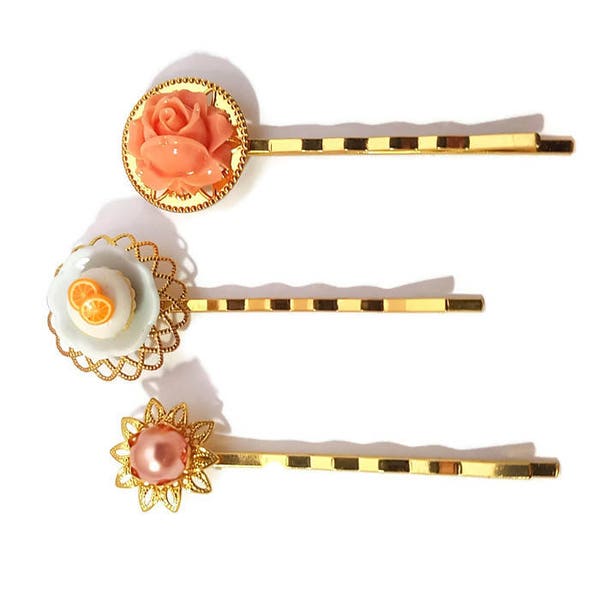 Cupcake, épingles à cheveux-lot de 3-Orange Bobby Pin-Dessert cheveux broches-Sweet Bobby Pins-Pearl épingle à cheveux-mariage barrettes-or Clip-demoiselle d’honneur cadeau