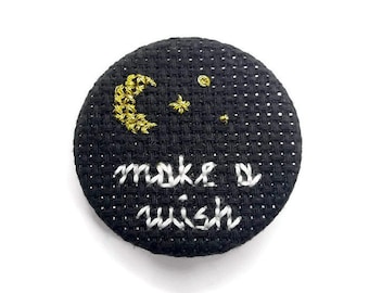 Make a Wish Pin-Astrology Pin-Moon Badge-Witchy Woman-Cross Stitch Pin-Pinback Button-Handcrafted-Gothic Button-Lapel Pin-Star Pin-Pingame