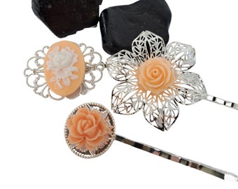 Peach Hair Pins Cameo Flower Bobby Pins Set of 3 Bridesmaid Gift Hair Clip Floral Accessory Flower Jewelry Hair Comb Floral Hair Pins Pastel