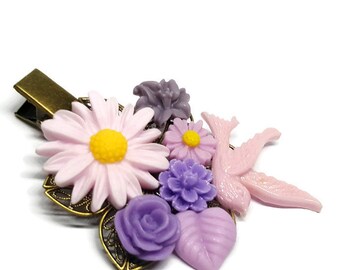 Purple Bird Clip-Daisy Hair Clip-Easter Clip-Wedding Hair-Bird Bobby pin-Flower Hair Clip-Flower Hair Comb-Bridal Party Gift-Bridesmaid Gift