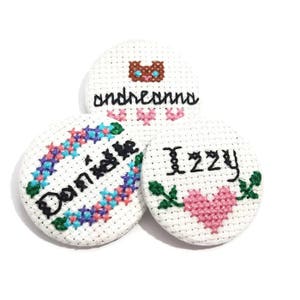 Custom Name Pin Personalized Pin Name Badge Teen Gift Hello My name is Cross Stitch Pin Handcrafted Pin Party Favors Mixer Accessory Button
