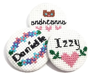 Custom Name Pin Personalized Pin Name Badge Teen Gift Hello My name is Cross Stitch Pin Handcrafted Pin Party Favors Mixer Accessory Button