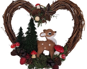 Small Deer Heart Wreath  Woodland Decor Cottage Core Pine Cone Mushroom Autumn Neutral Cute Home Gifts Christmas Fall Bird Decoration Cute