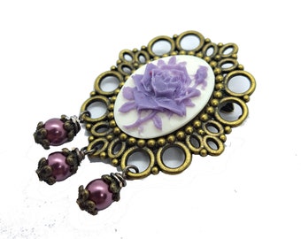 Purple Rose Lapel Pin Cameo Brooch Brass Gothic Lolita Regency Rococo Bridesmaid Gift EGL Fashion Accessory