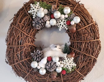 Arctic Fox Wreath Woodland Christmas Decor Winter Snow Cottage Core Pine Cone Mushroom Neutral Cute Home holiday gifts