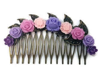 Purple Wedding Comb-Bridesmaid Comb-Pink Floral Comb-Flower Hair Comb-Bobby Pin-Hair Slides-Bridal Hair Clip-prom Hair Accessory-Violet-Cute
