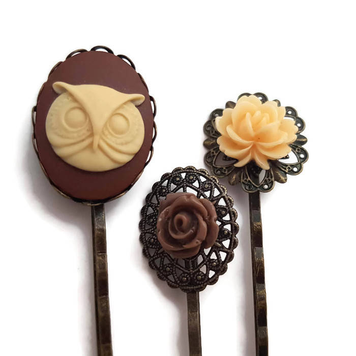 Owl Bobby Pins-Hair Pin Sets-Set of 3-Woodland Hair Clips-Owl Hair Slides-Flower Bobby Pins-Fall Bobby Pins-Gifts for Girls-Bird Hair Pins