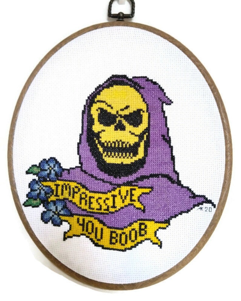 PDF Cross Stitch Pattern Impressive You Boob Skeleton 80s Mancave Cartoon Stitch for Him Villain Retro Universe Master Toy Collector Awesome image 1