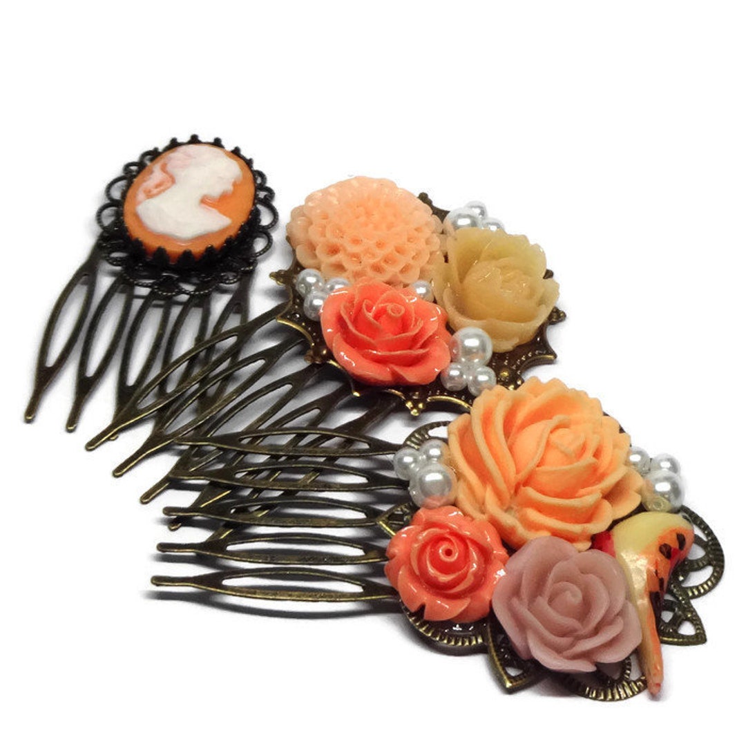 Peach Combs-set of 3-wedding Combs-bridal Combs-bridesmaid Comb-prom ...