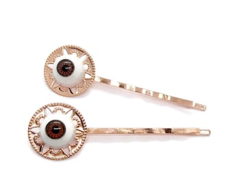 Brown Eye Hair Pins Evil Eye Set of 2 Bobby Pins Goth Gothic Halloween Jewelry Teen Goth Girl Pretty Hair Slides Silver Hair Comb Clip