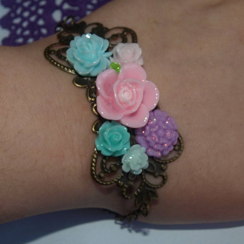 Floral Corsage Bracelet-Antique Brass-Victorian Regency-Aristocratic Fashion-Teen Gift-Mother's Day-Pretty Bracelet-Fashion Accessory-Trend image 4