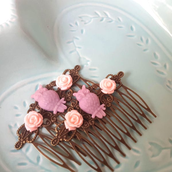 Purple Pink Owl Hair Comb Woodland-Whimsical Hair Combs-Offbeat Wedding-Antique Bronze-Eule-Bridesmaid Gift-Gifts Under 10-Bird Accessory