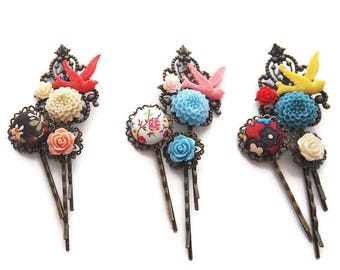 Flying Bird Hair Pin Set of 3-Classic Accessory-Sweet Bobby Pins-Fancy Hair Wear-Pretty Fashion Accessory-Floral Bobby Pins-Teen Gift-Spring