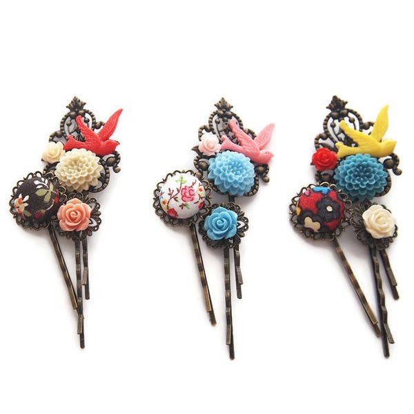 Flying Bird Hair Pin Set of 3-Classic Accessory-Sweet Bobby Pins-Fancy Hair Wear-Pretty Fashion Accessory-Floral Bobby Pins-Teen Gift-Spring