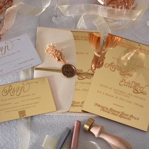 Złote lustro z złotą folią akrylowe zaproszenia ślubne, Eleganckie zaproszenie ślubne akrylowe, Zestaw akrylowych zaproszeń ślubnych z RSVP