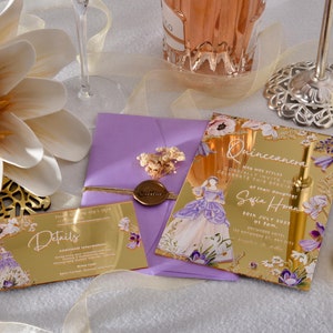 Goldspiegel Acryl Quinceanera Einladungen, Lila Quitte Einladungen, Acryl Prinzessin Geburtstagseinladung, Sweet 16 Party