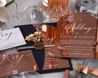 Arch Rose Gold Wedding Invitations Acrylic, Modern Mirror Acrylic Wedding Invite Suite, Sweet 16 Invitation, Clear Invitations