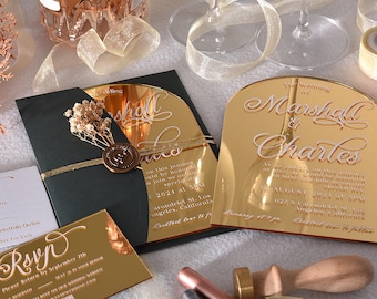 Luxury Mirror Gold Acrylic Wedding Invitation, Quinceanera Acrylic Invitations, Gold Wedding Invites Set, Invitaciones de Boda