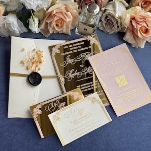 Mirror Gold Acrylic Wedding Invitation with Details Cards, Quinceanera Invitations RSVP Set