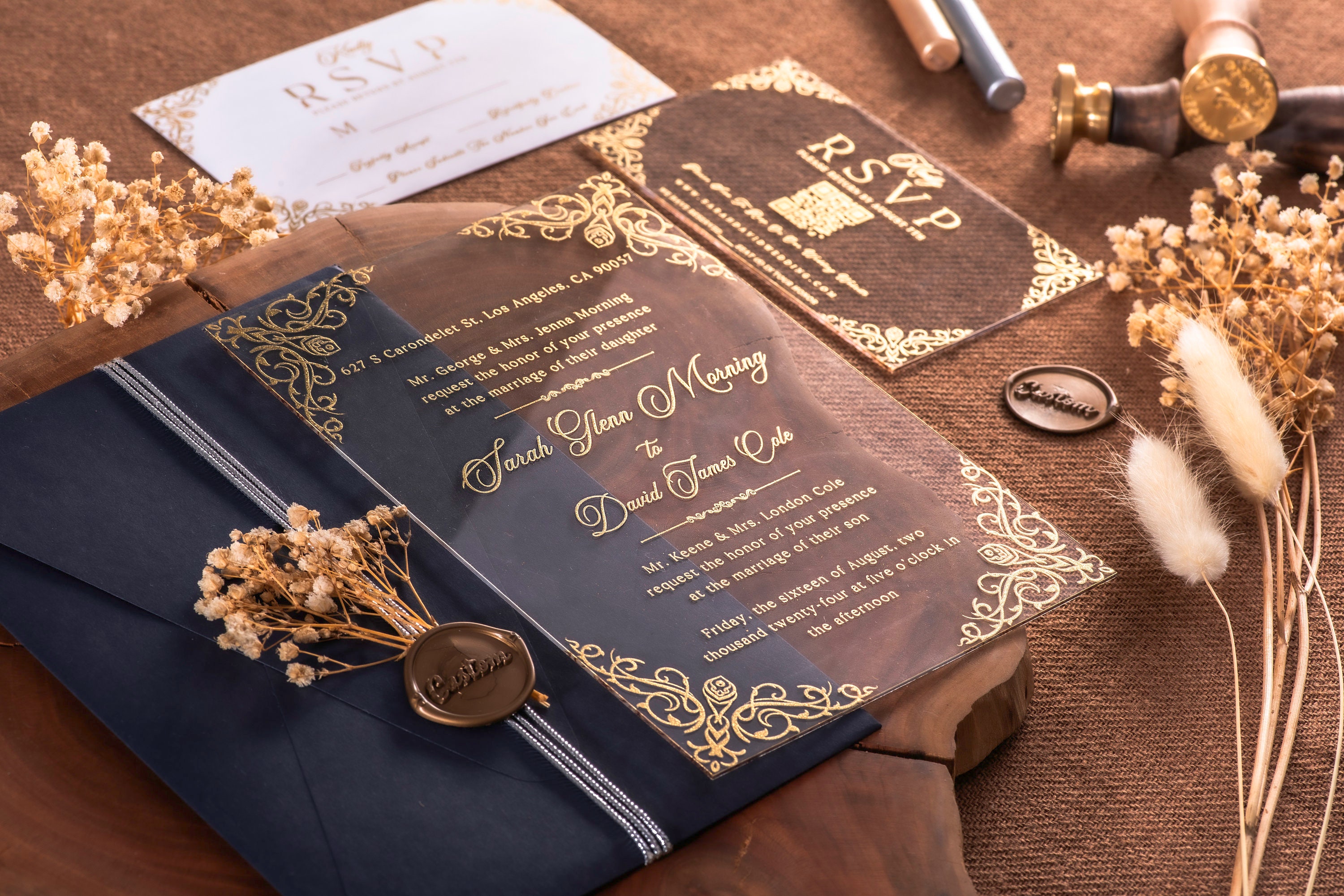 Vintage Acrylic Wedding Invitations, Gold Foil Clear Wedding Invitation with RSVP Set, Quinceanera Invitations, Custom Invitation