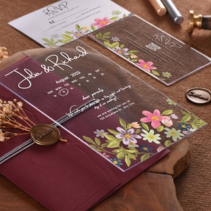 Wildblumen-Kalender Acryl-Hochzeits-Einladungen, Save The Dates Hochzeit einladen, Quinceanera-Einladungen Acryl