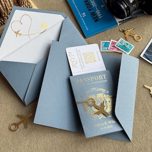 Blaue Hochzeitspass-Einladungs-Goldfolien-Druck, Bestimmungsort-Hochzeit lädt ein, Reise-Thema Bordkarte-Hochzeits-Briefpapier