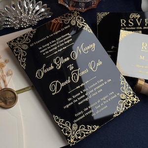 Rustic Black Acrylic Wedding Invitations Sets with QR Code RSVP