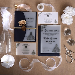Acryluitnodigingen voor quinceanera met QR-code RSVP: uitnodigingssets Princess Sweet 16