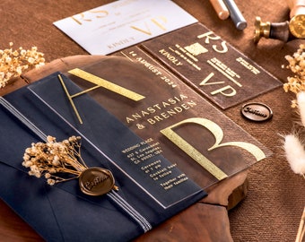 Luxury Acrylic Wedding Invitation, Gold Foil Printed Wedding Invitation Acrylic, Quinceanera Invitations Sweet 16, Clear Invitation