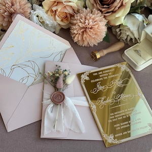 Blush Pink Mirror Gold Acrylic Wedding Invitation with Details Card