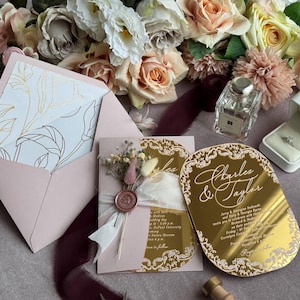 Mirror Gold Acrylic Wedding Invitation: Blush Pink Cards, QR Code RSVP, Wax Seal
