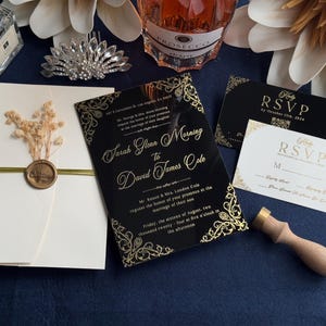 Rustiek zwart acryl trouwkaarten met RSVP-kaarten, verjaardagsuitnodiging Quinceanera, bruiloft uitnodigingen set, folie uitnodigingen