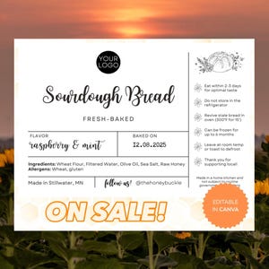 May include: A white label with the text "Sourdough Bread" and "raspberry & mint" flavor. The label includes baking instructions and the date "12.08.2025". The words "ON SALE!" are also visible.