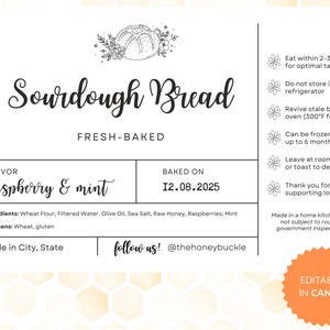 May include: A white label for raspberry and mint sourdough bread, with the text "Sourdough Bread" and "Fresh-Baked". Includes baking date, ingredients, and instructions. The label also has a floral illustration of bread.
