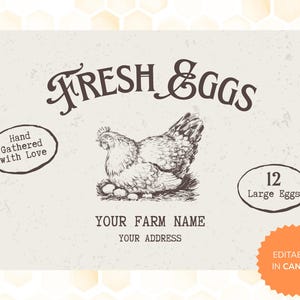 May include: A rustic egg carton design featuring the words "FRESH & EGGS" in a decorative font. A detailed illustration of a hen sitting on eggs is centered. Includes text that reads "Hand Gathered with Love" and "12 Large Eggs".