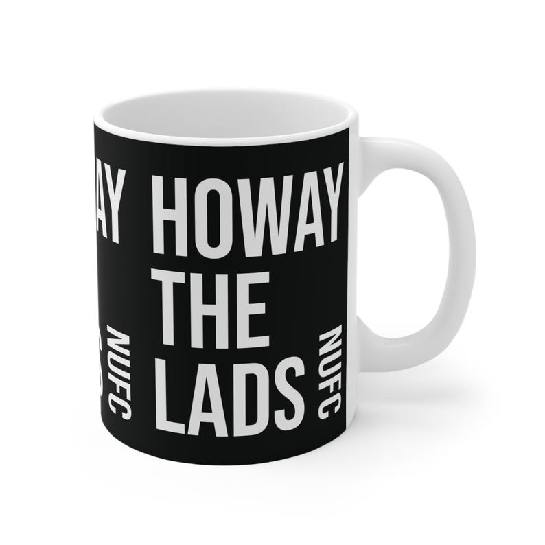 Mug 11oz, Newcastle United Howay The Lads Coffee Mug, Football Soccer Fan Gift, Sports Team Cup, Black and White Logo Design, 11oz Ceramic image 4