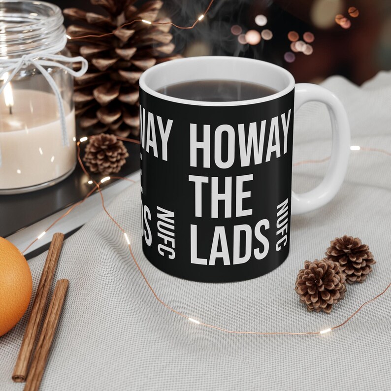 Mug 11oz, Newcastle United Howay The Lads Coffee Mug, Football Soccer Fan Gift, Sports Team Cup, Black and White Logo Design, 11oz Ceramic image 1