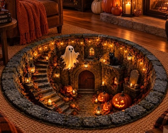 Platte ronde vloermat met spookputmotief voor Halloween, 3D spookskelet en zwarte kat tapijt, illusie vloerdecoratie met pompoenkeldermotief
