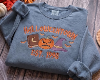 Comfort Colors Vintage Halloween Town Embroidered Sweatshirt, Spooky Season Crewneck, Retro Pumpkin Shirt, Halloween Lover Gift