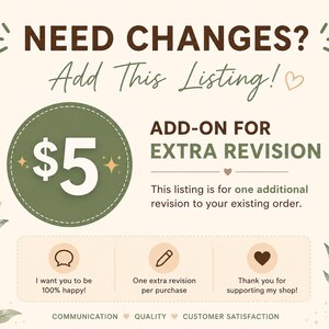Extra Revision Add-On, Custom Order Change Fee, Additional Design Edit, Personalized Item Update, 5 Dollar Revision Service