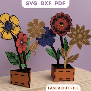 3D Wooden Flowers Bundle Laser Cut File SVG DXF PDF Digital File Flower Pot Desktop Pot Wildflowers Vase Decor Diy Spring