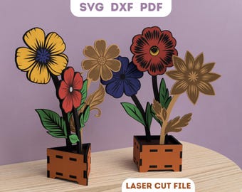 3D Wooden Flowers Laser Cut File: Vase Decor (SVG DXF PDF)