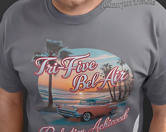 Camiseta vintage Chevy Bel Air: Camiseta con coche de playa al atardecer de los años 50