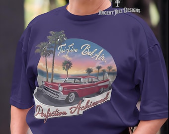 Camiseta vintage Chevy Bel Air: camiseta retro para entusiastas de los coches con atardecer en la playa